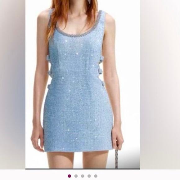 Self-Portrait Cocktail Wedding Prom Powder Blue Tweed Sequin Beaded Mini Dress - Picture 2 of 11